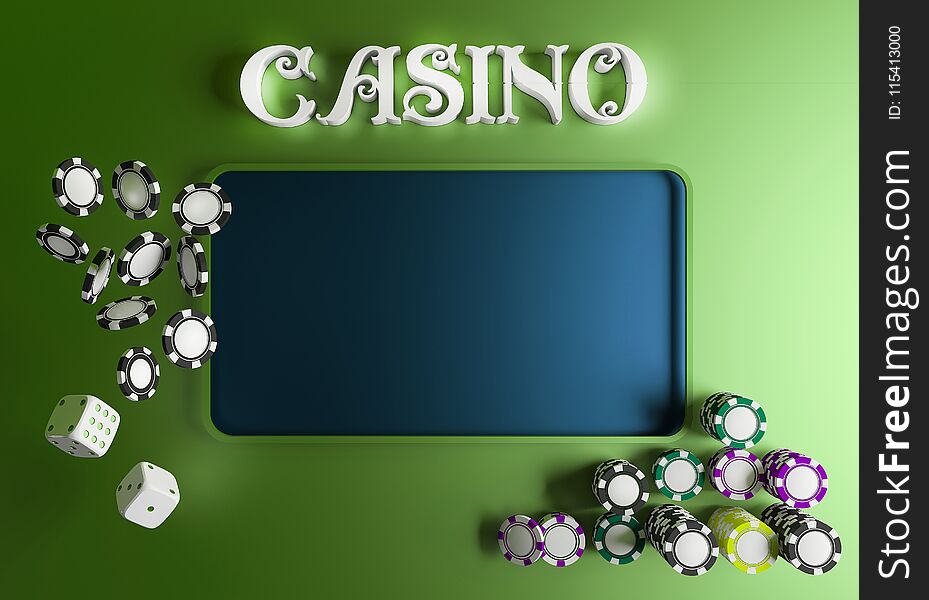 Casino background dice and chips. Online casino table concept with place for text. Top view of white dice and chips on