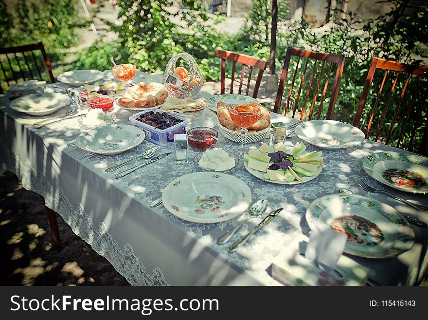 Dinner table in Armenia plate, dining, lunch, wine, meal, eating, vegetable, rustic, top, view, people, gourmet, drink