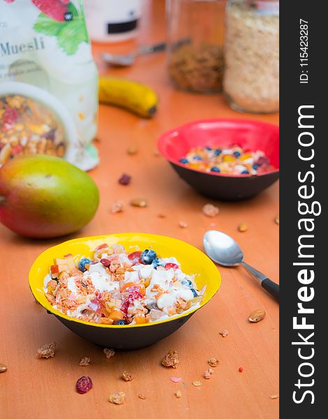 bowls of cereals on a table