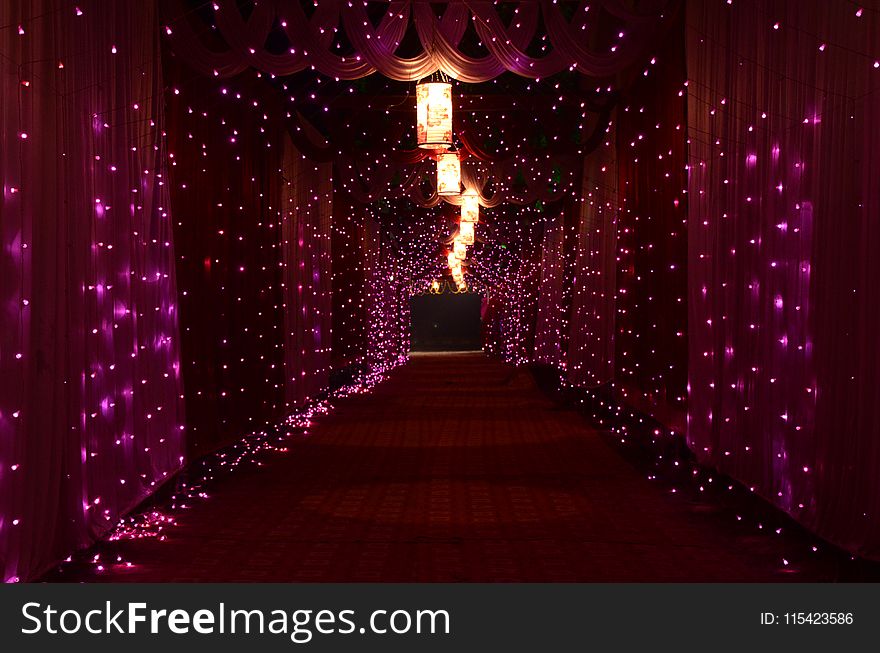 Purple String Lights and Lamps With Curtains