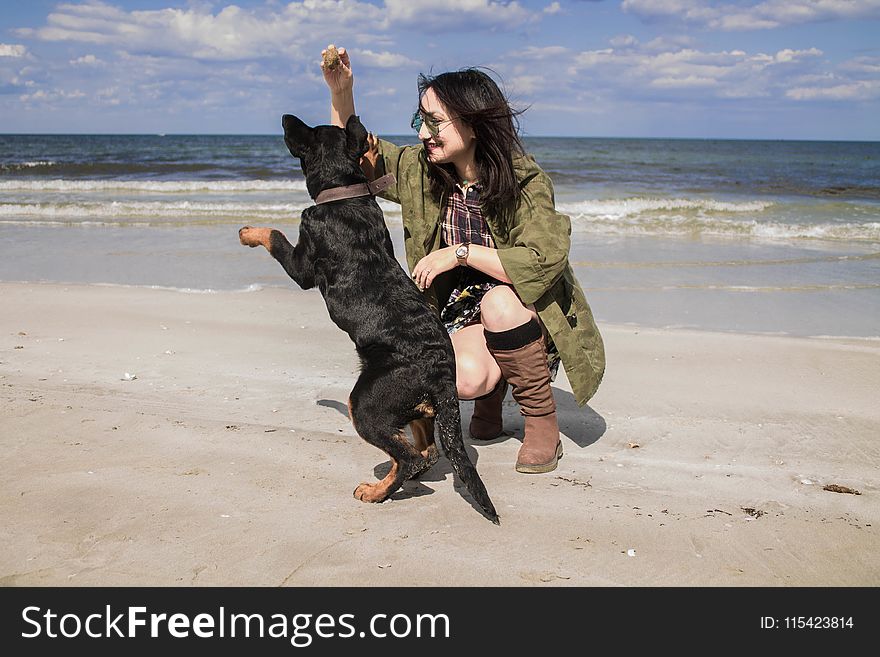 Woman Wearing Gray Coat Beside Black Dog