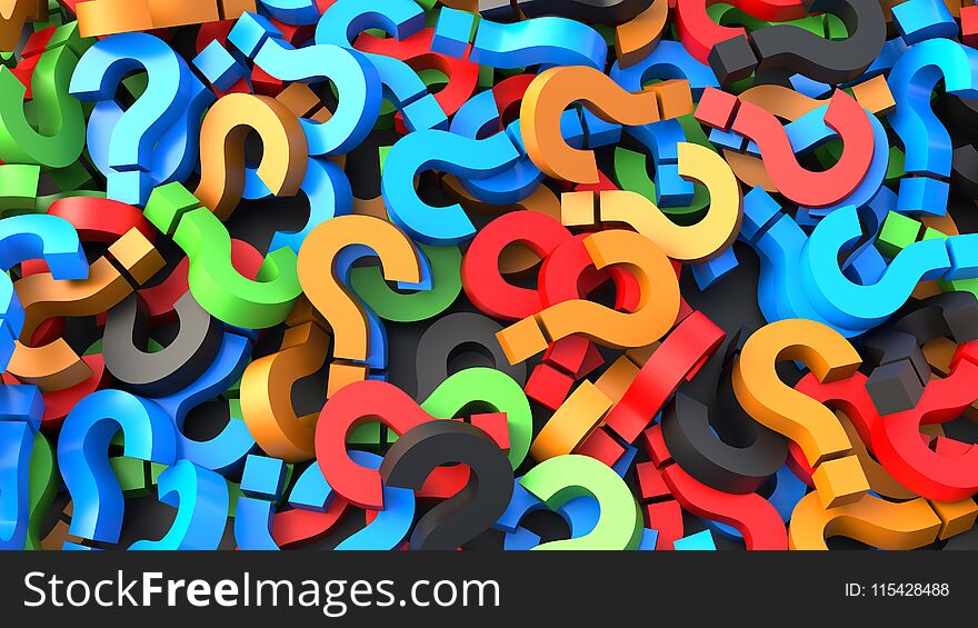 Colorful question marks background. 3D Rendering.