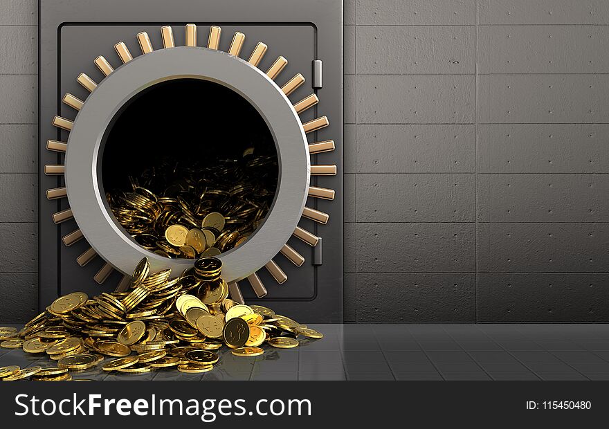 3d golden coins over iron wall