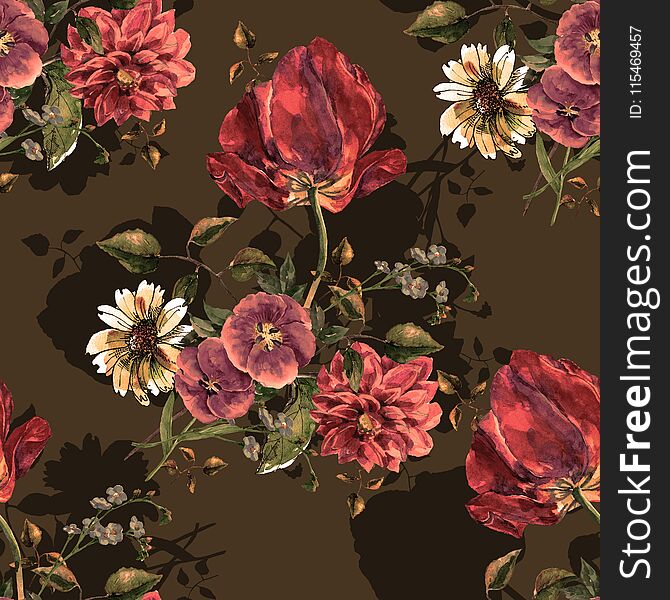 Watercolor bouquet flowers. Floral seamless pattern on a dark background with shade.