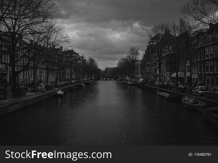 Grayscale Photography of River Near Buildings