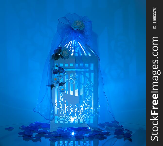 Beautiful wedding decor with a birdcage. Blue illumination.