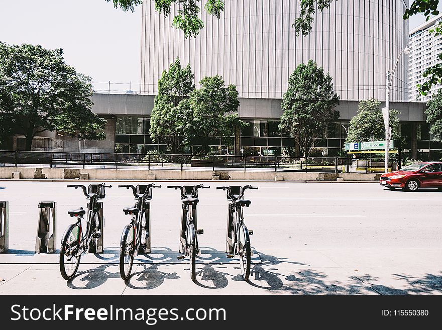 Four Black Parked Bicycles Near The Road