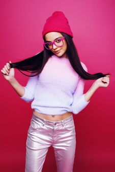 Young Pretty Teenage Woman Emotional Posing On Pink Background, Royalty Free Stock Photos