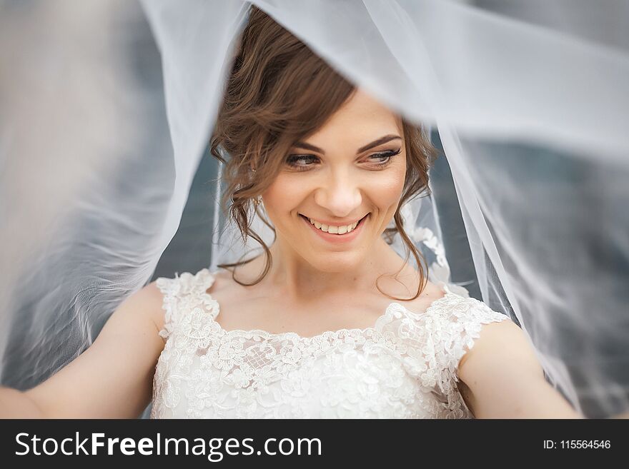 Portrait of beautiful, young smiling bride with white veil over her face. Concept of young gorgeous bride. Portrait of beautiful, young smiling bride with white veil over her face. Concept of young gorgeous bride.