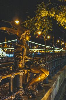Hungary, Budapest, Little Princess Sculpture, Nightlife. European Old City Architecture, Night, Modern Statue Of The Sculptor Stock Photography