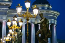 Skopje, Macedonia, Art Bridge At Night. European City Architecture, Famous Bridge With Sculptures. Royalty Free Stock Photo