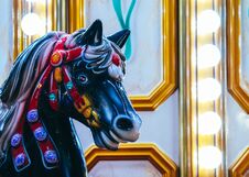 Colorful Horse Carousel In Luna Park. Horse Merry-go-round, Vintage Childhood Background. Stock Photos Colorful Horse Carousel In Luna Park. Horse Merry-go-round, Vintage Childhood Background. Stock Photos