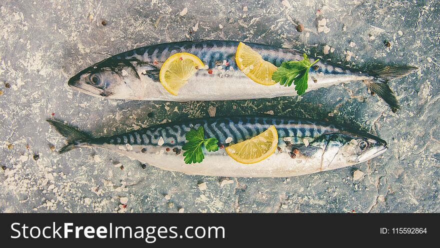 Raw fish of mackerel. Selective focus.