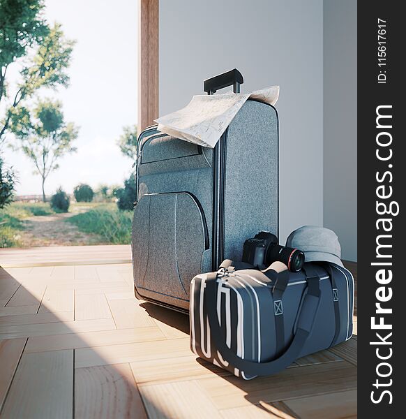 Travel case with open door travel vacation concept background