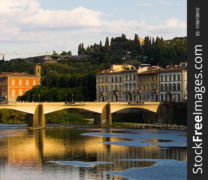 Sunlit bridge at Florence, Italy.