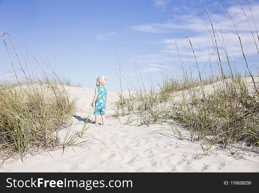 Toddler Wearing Blue Shirt Standing on White Sand Near Green Grass Photo