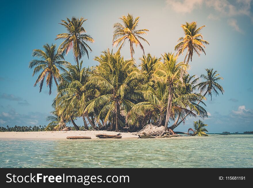 Tropical island - palm tree, beach and ocean, - small island , Panama San Blas
