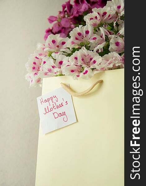 Paper Bag With Fresh Flowers And Greeting Card For The Mother`s