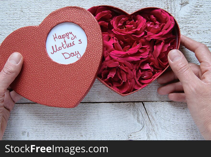 Womans hands holding heart box gift with fresh roses for Mother`s day. Gratefulness present concept. Womans hands holding heart box gift with fresh roses for Mother`s day. Gratefulness present concept