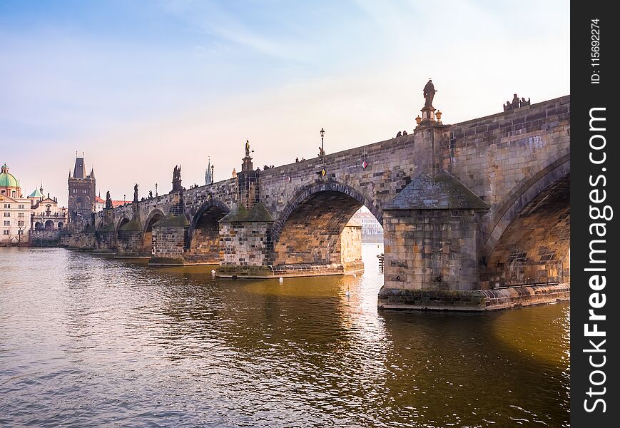 Charles Bridge In Prague Czech Republic During Sunset, Close-up. Beautiful Romantic For Couple Traveler.