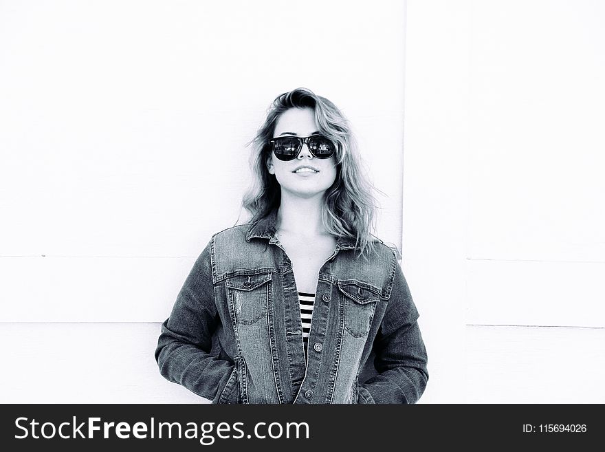 Gray Scale of Woman Wearing Dress Shirt and Sunglasses