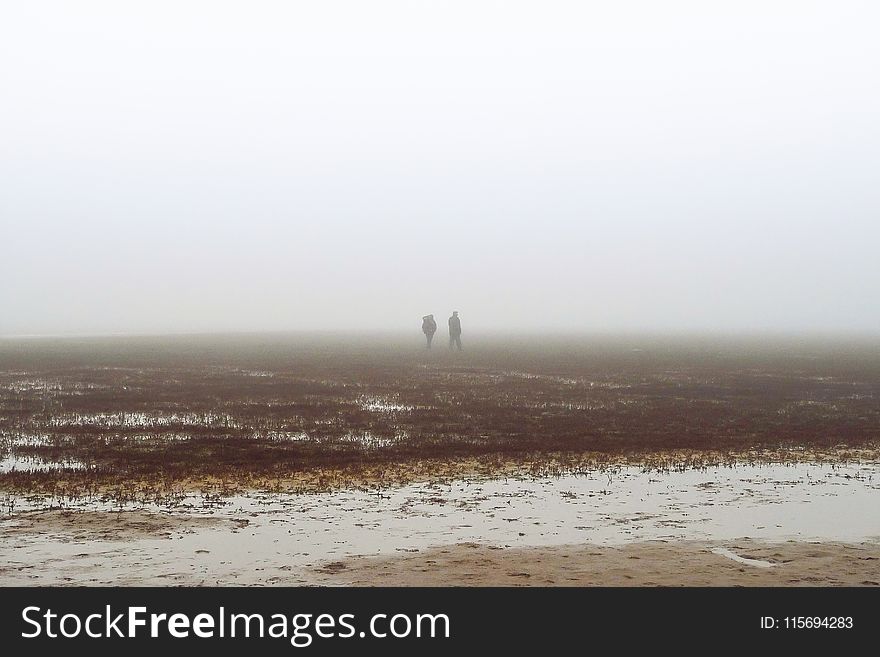Two People Walking on Fog Covered Field
