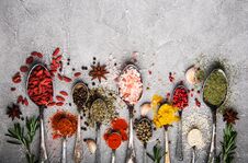 Different Kind Of Spices In Vintage Spoons Royalty Free Stock Photo