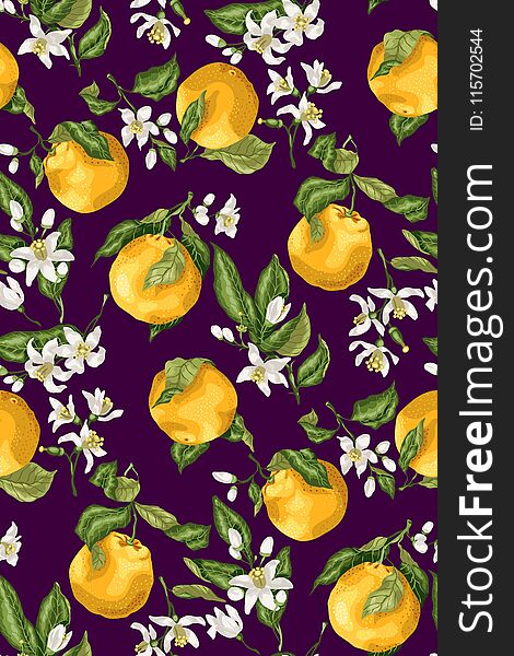 Seamless pattern with orange fruit tree branches, fruits and flowers, buds and leaves on the purple backgroud. Vector illustation made in natural realistic colors Juicy beautiful fruits in graphic design