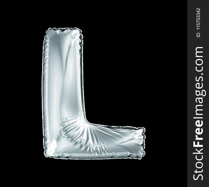 Silver letter L made of inflatable balloon isolated on black background.