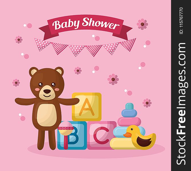 baby shower celebration cute bear open arms pink pennant cubes duck girl born illustration