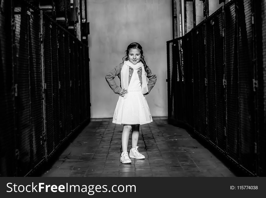Grayscale Photo of Girl Wearing Dress