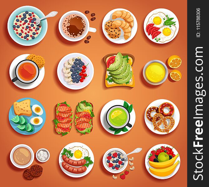 Colorful breakfast dishes set on orange background with fruits pastry bakery scrambled boiled eggs sandwiches on plates of different size vector illustration. Colorful breakfast dishes set on orange background with fruits pastry bakery scrambled boiled eggs sandwiches on plates of different size vector illustration