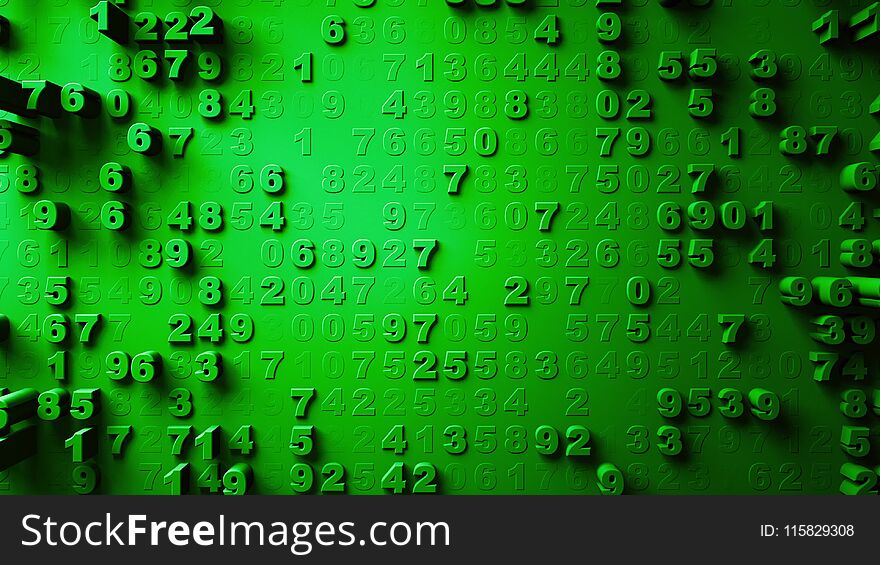 Abstract Numbers Random Motion green color 3d rendering