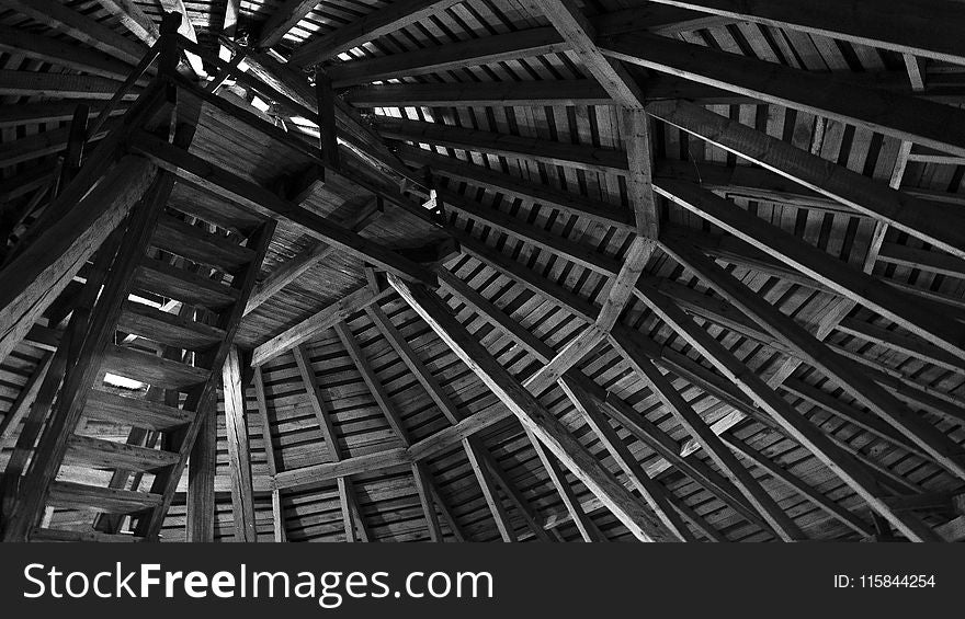 Brown Wooden Ceiling in Grayscale Photo