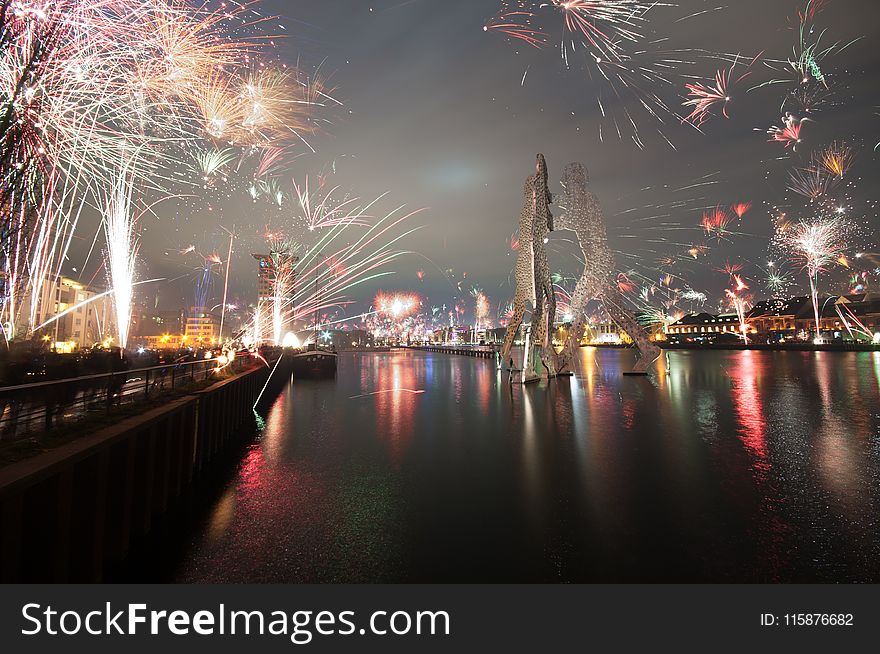 Fireworks, Reflection, Cityscape, Night