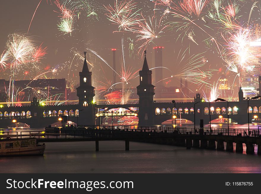 Metropolitan Area, Fireworks, City, Reflection