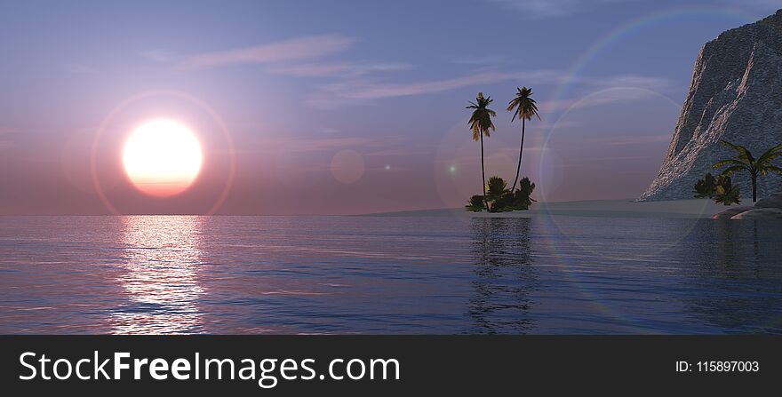 Tropical landscape, beach with palm trees at sunset, sun over water, island in the ocean at sunrise