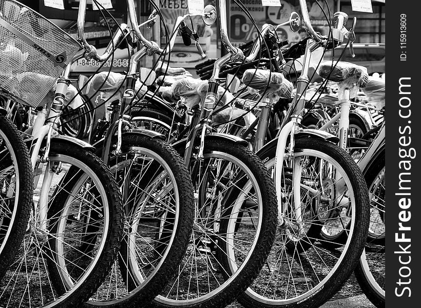 Grayscale Photo Of Bicycles