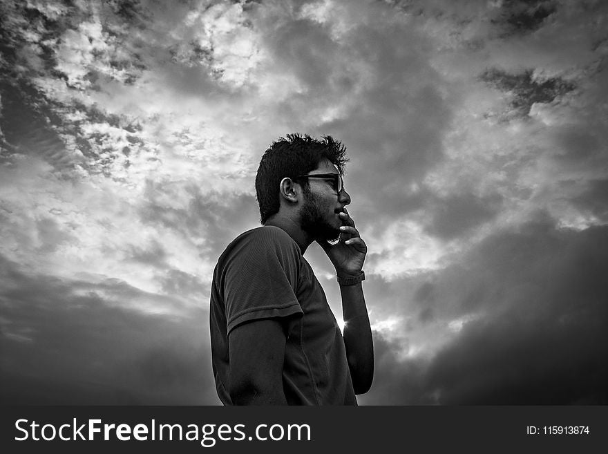 Man Wearing T-shirt Grayscale Photograph