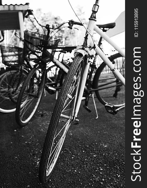 Grayscale Photo of Bicycles