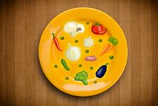 Colorful Plate With Hand Drawn Icons, Symbols, Vegetables And Fruits Stock Images