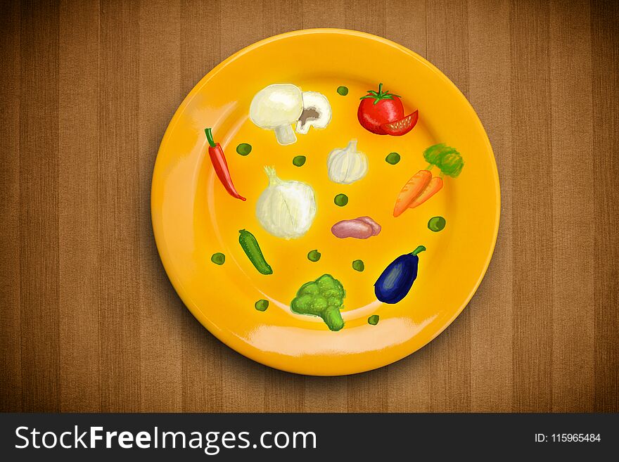 Colorful Plate With Hand Drawn Icons, Symbols, Vegetables And Fruits