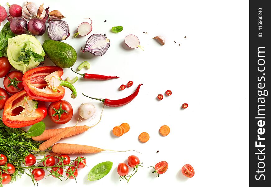 Various fresh vegetables isolated on white background, top view