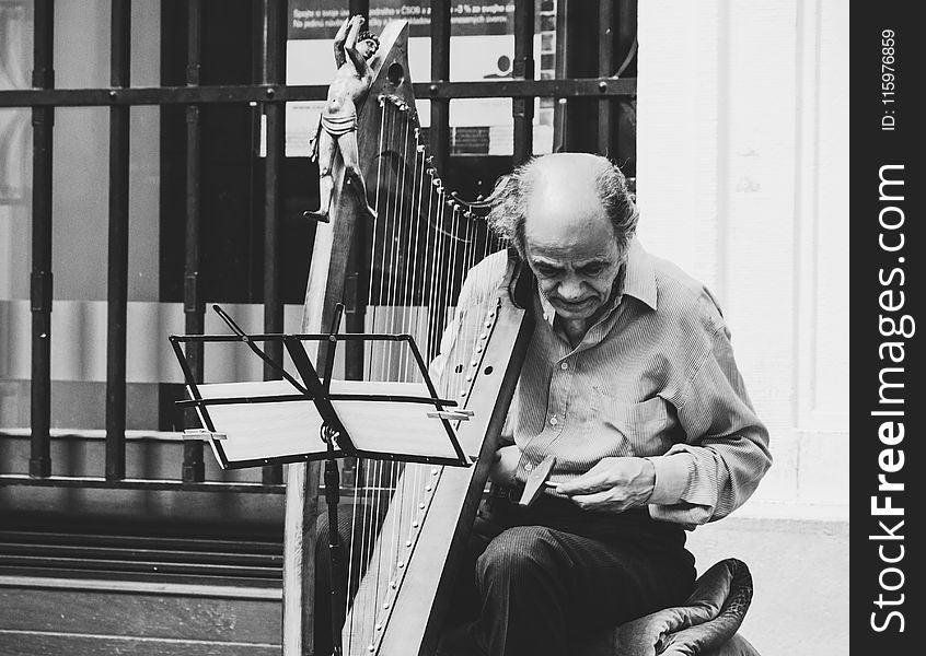 Greyscale Photo Of Man Holding Harp