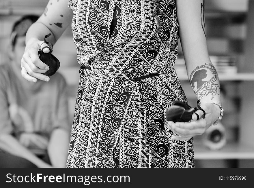Grayscale Photo of Woman Wearing Dress