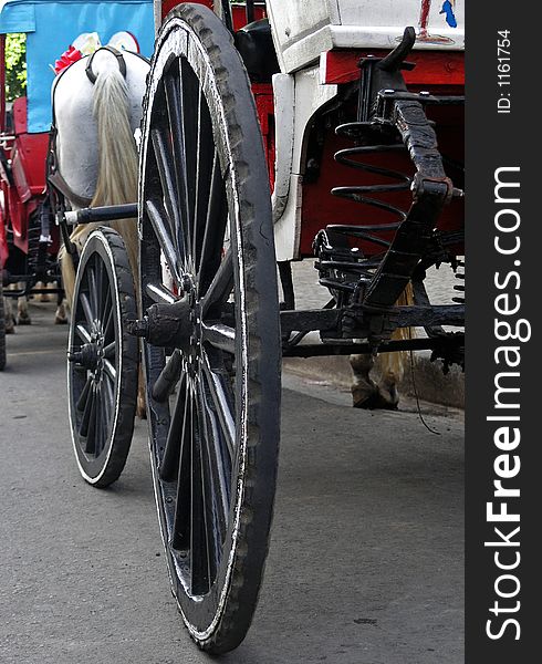 Close-up of wagon wheels