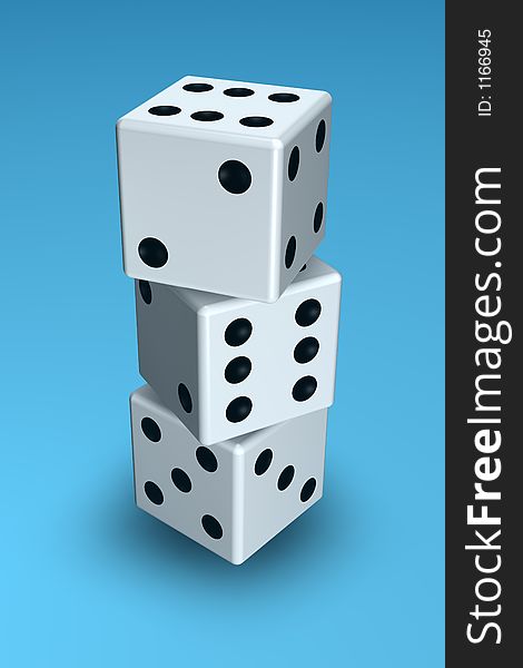 3d dice stacked on a blue background