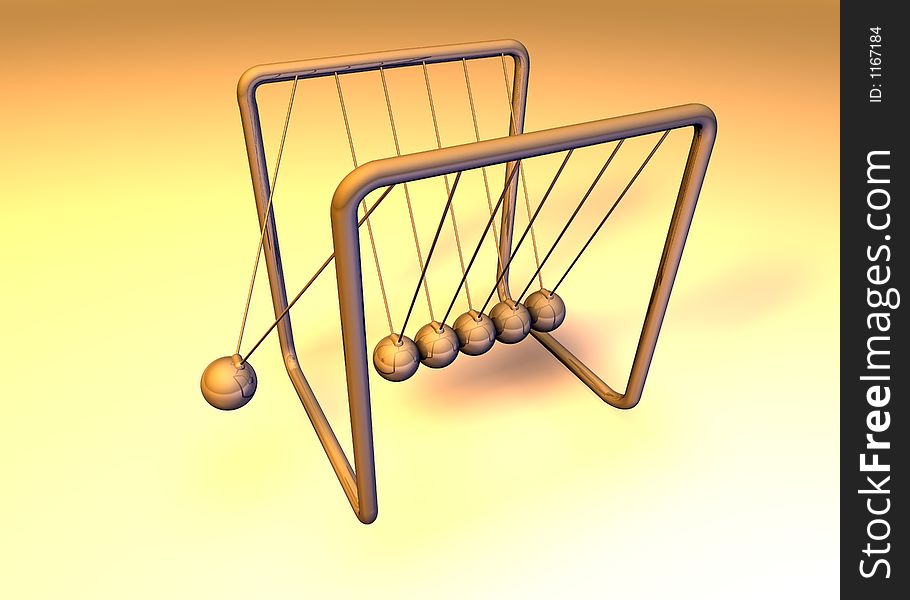 Orange 3d pendulum with one ball swinging