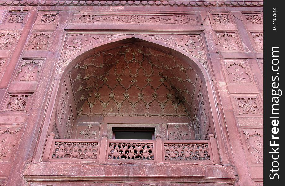 Beautifull carved balcony and window at the Red Fort in Delhi, India. Beautifull carved balcony and window at the Red Fort in Delhi, India