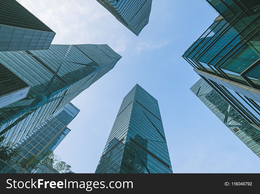 Long Angle View Of High Rise Glass Buildings